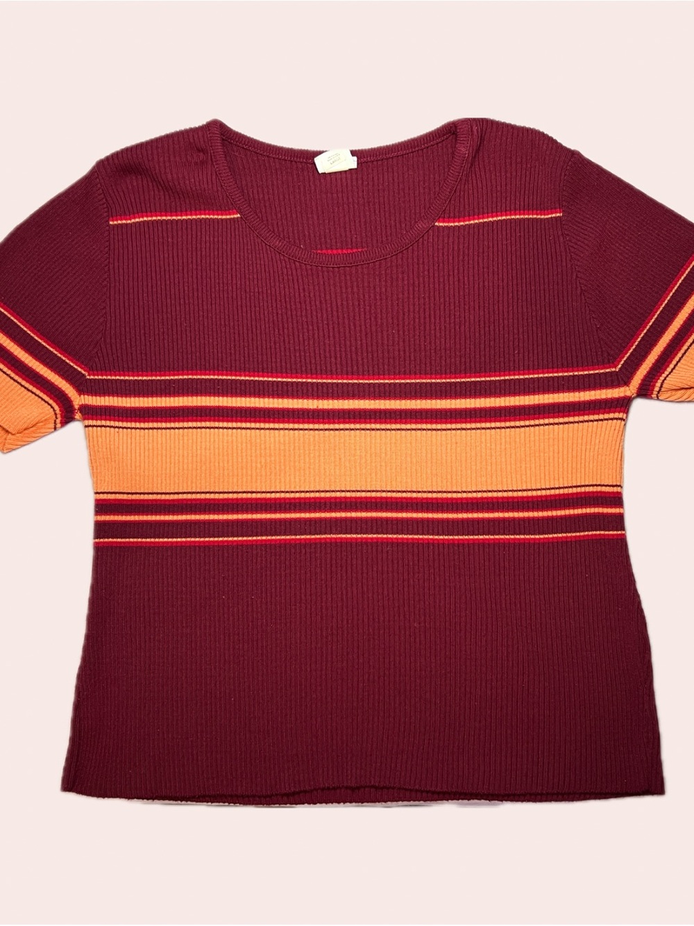 Vintage Ribbed Knit Sweater Top USA Made Burgundy Orange Stripe Retro Casual
